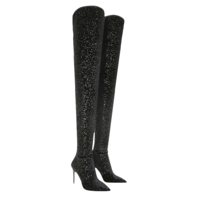 New Balmain Amazone Thigh High Black Velvet Glitter Boots Fr 40 / Us 10